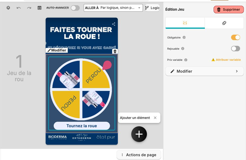 Roue NAOS sélectionnée dans l’éditeur Snackeet avec le panneau Édition Jeu