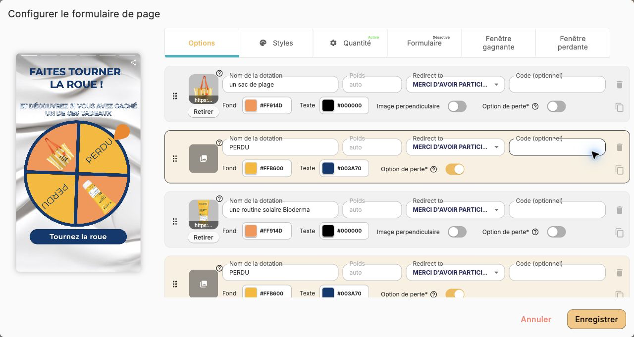 Options de dotation réelles avec nom, poids automatique, redirection, code et option de perte