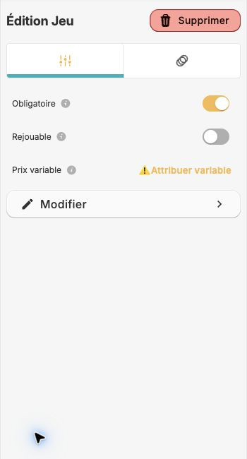 Panneau réel montrant Obligatoire, Rejouable et Prix variable