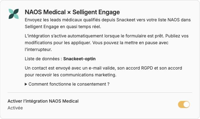 Carte réelle NAOS Medical Selligent Engage activée