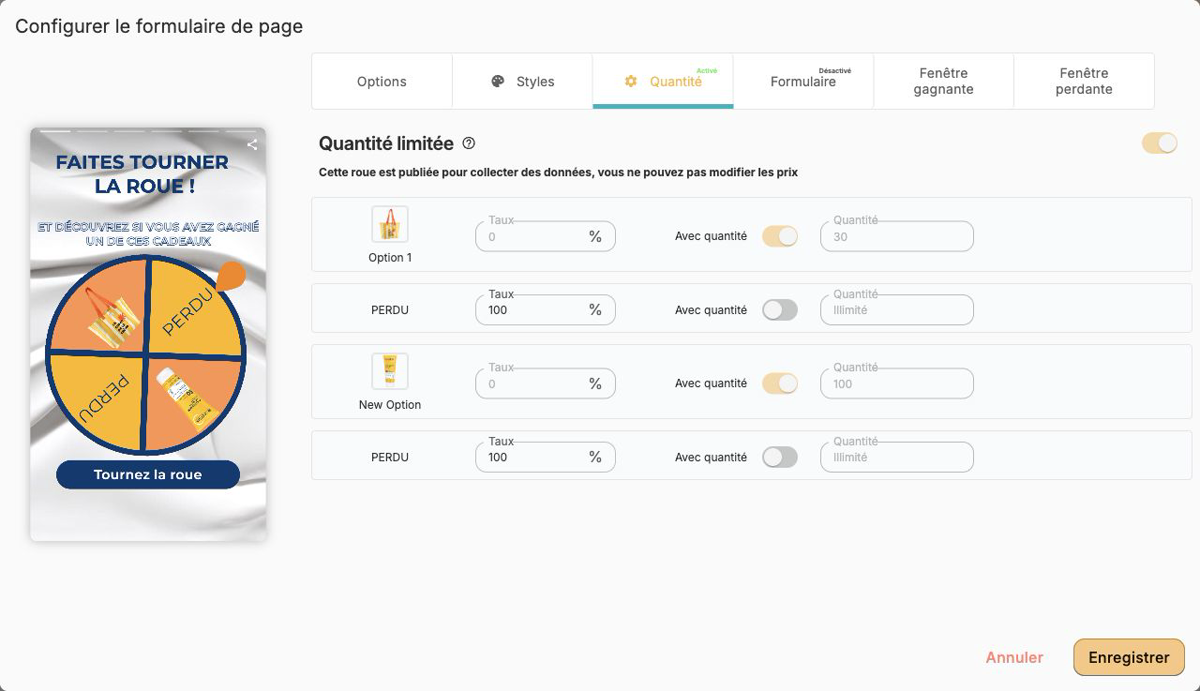Configuration réelle des quantités limitées et des options illimitées